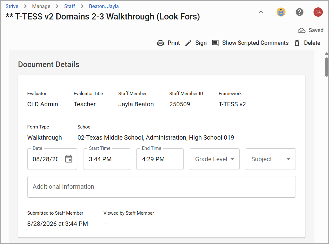 Document details for T-TESS v2 walkthrough including evaluator, staff member, and timings.